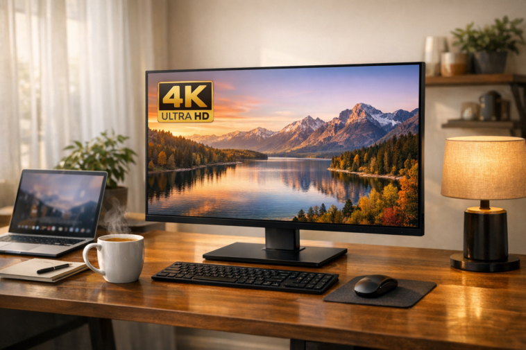 Best 4K monitor for everyday use in a modern home office setup with laptop and coffee