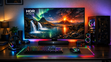 Best HDR monitor 2026 displaying vibrant HDR content in a modern gaming setup