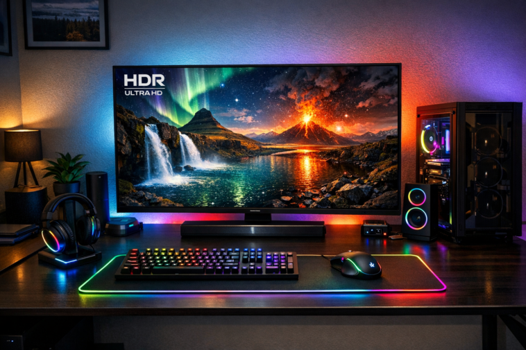 Best HDR monitor 2026 displaying vibrant HDR content in a modern gaming setup