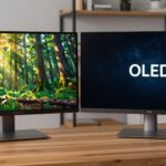 Two monitors side-by-side showing a 4K UHD vs OLED display comparison with nature and space scenes