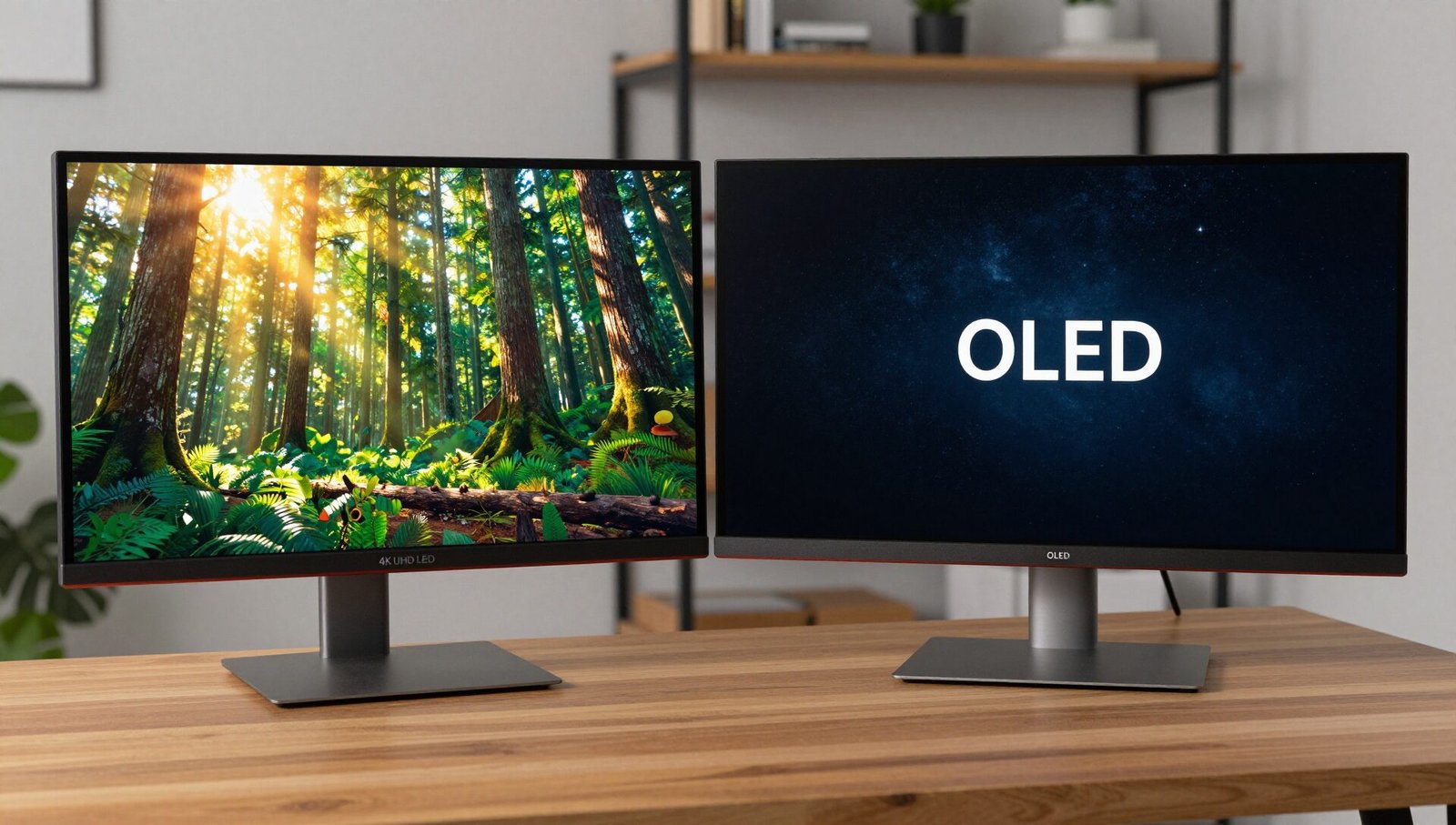 Two monitors side-by-side showing a 4K UHD vs OLED display comparison with nature and space scenes