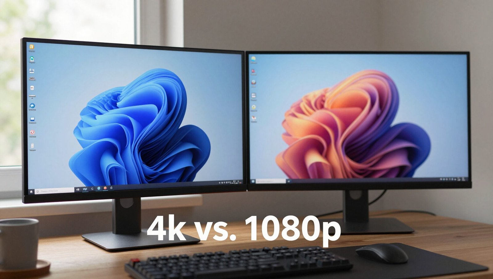 Split-screen comparison of 4k vs. 1080p image quality on a computer monitor