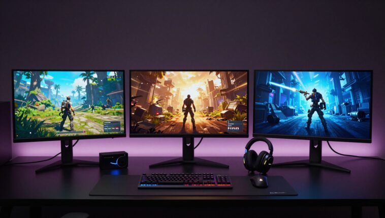 Best 4k gaming monitors lineup showcasing ASUS ROG Swift OLED and Dell Alienware displays in a gaming setup
