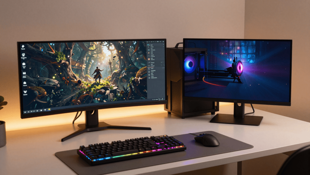 Best gaming monitors under 150 USD setup with RGB lighting and gaming peripherals
