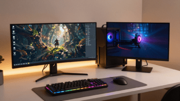 Best gaming monitors under 150 USD setup with RGB lighting and gaming peripherals
