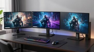 Gaming desk setup with monitors from the Best Gaming Monitors Under 200 USD collection