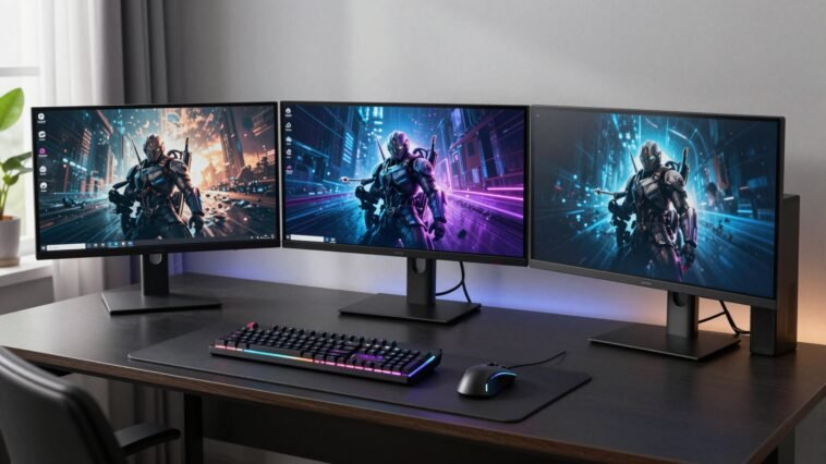 Gaming desk setup with monitors from the Best Gaming Monitors Under 200 USD collection