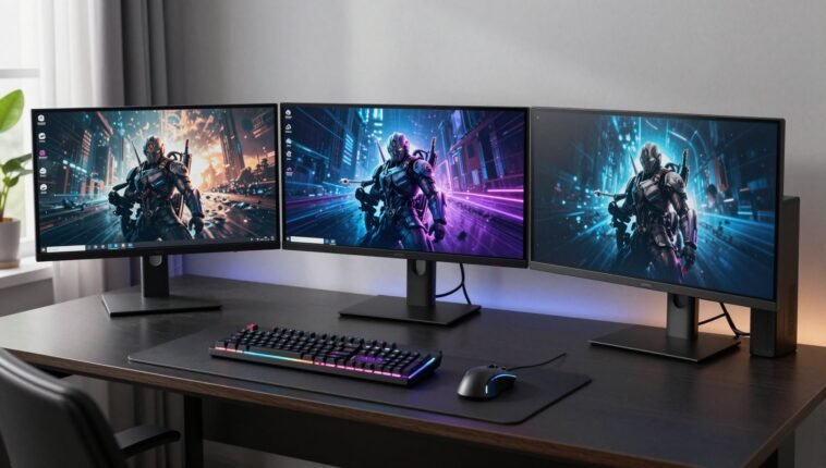 Gaming desk setup with monitors from the Best Gaming Monitors Under 200 USD collection