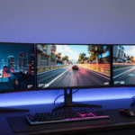 Best Gaming Monitors Under 400 USD – three gaming monitors in a desk setup showing different panel technologies