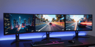 Best Gaming Monitors Under 400 USD – three gaming monitors in a desk setup showing different panel technologies
