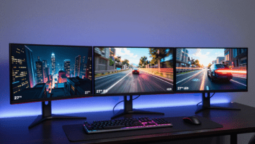 Best Gaming Monitors Under 400 USD – three gaming monitors in a desk setup showing different panel technologies