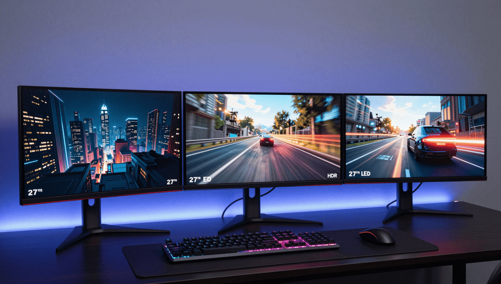 Best Gaming Monitors Under 400 USD – three gaming monitors in a desk setup showing different panel technologies