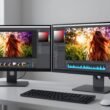 Best Monitors For Photo Editing showing professional photo editing workspace with dual monitor setup and color grading software