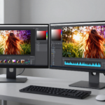 Best Monitors For Photo Editing showing professional photo editing workspace with dual monitor setup and color grading software