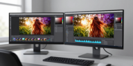Best Monitors For Photo Editing showing professional photo editing workspace with dual monitor setup and color grading software