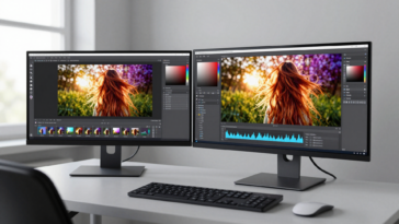Best Monitors For Photo Editing showing professional photo editing workspace with dual monitor setup and color grading software