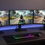 Best Monitors for Warzone gaming setup with three displays showing competitive gameplay