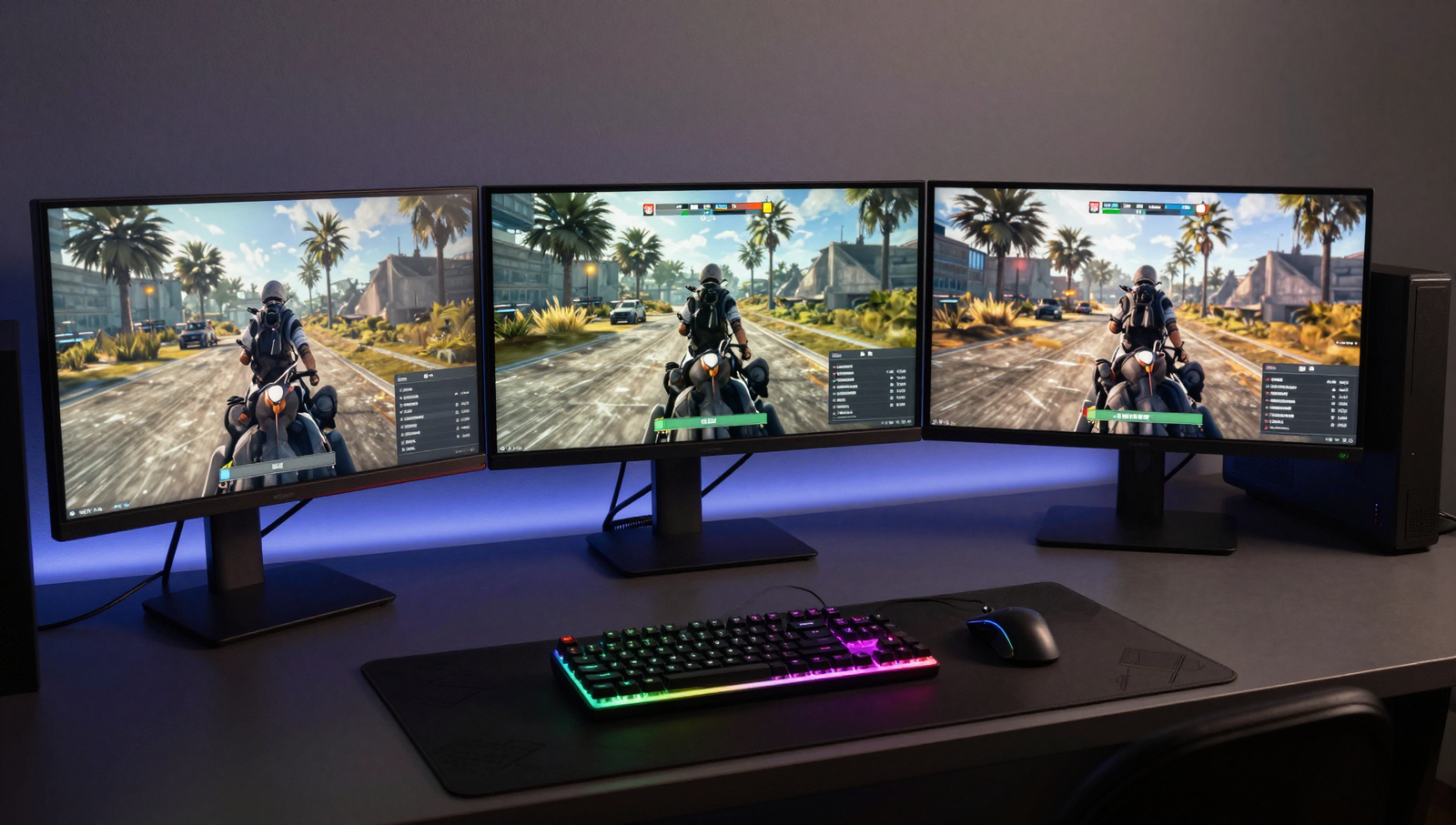 Best Monitors for Warzone gaming setup with three displays showing competitive gameplay