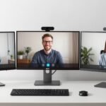 Three best monitors with built-in camera models arranged on a professional desk setup showing video conference calls