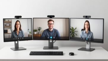 Three best monitors with built-in camera models arranged on a professional desk setup showing video conference calls