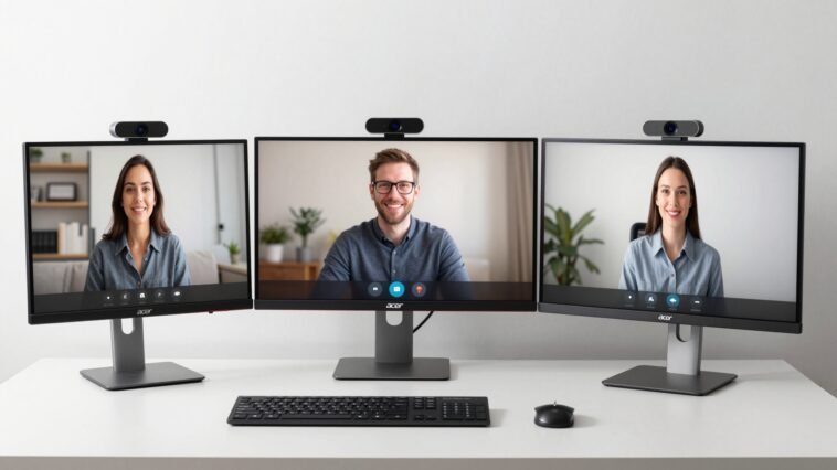Three best monitors with built-in camera models arranged on a professional desk setup showing video conference calls