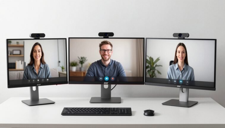 Three best monitors with built-in camera models arranged on a professional desk setup showing video conference calls