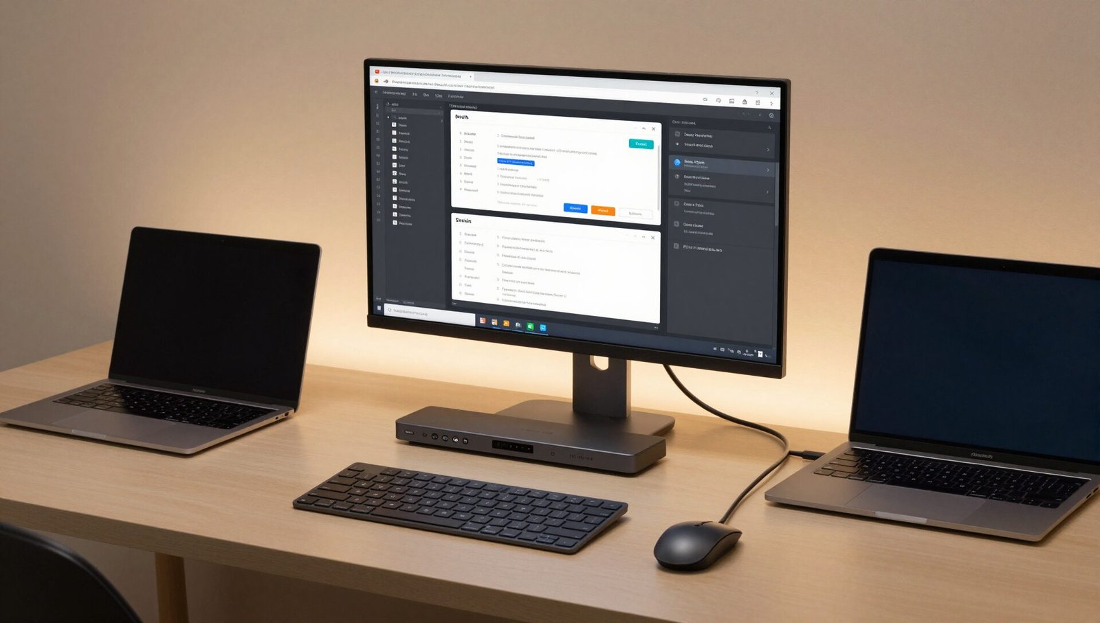 Best Monitors With Built-in KVM Switch - Professional desk setup with dual laptop workflow