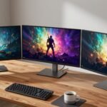 Three best OLED monitor models side by side showing gaming and productivity use cases in a home office setup