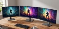 Three best OLED monitor models side by side showing gaming and productivity use cases in a home office setup