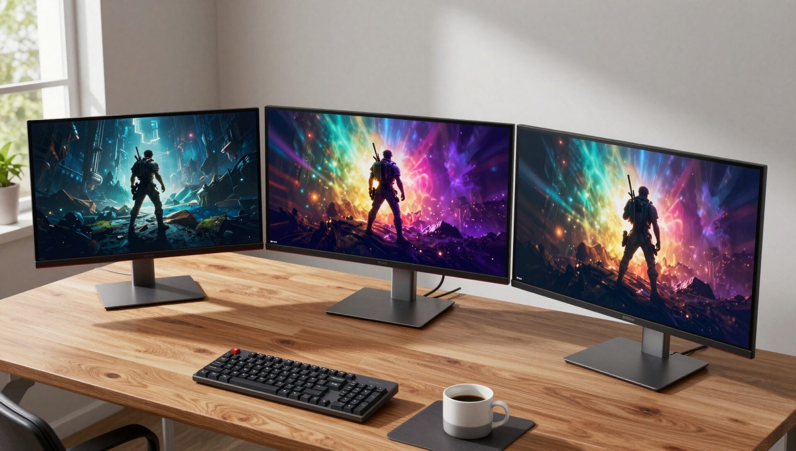 Three best OLED monitor models side by side showing gaming and productivity use cases in a home office setup