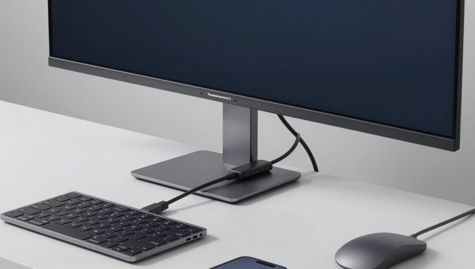 Best Thunderbolt 3 Monitors professional desk setup with laptop connected to ultra wide display