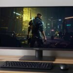 Best TVs for PC monitors showing a 42-inch LG C5 OLED used for gaming on a desk setup