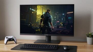 Best TVs for PC monitors showing a 42-inch LG C5 OLED used for gaming on a desk setup