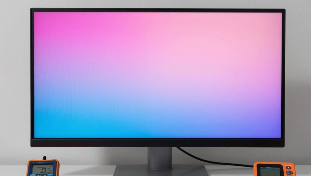 Professional monitor screen split to compare uncalibrated and calibrated display with LED screen calibration tool in foreground