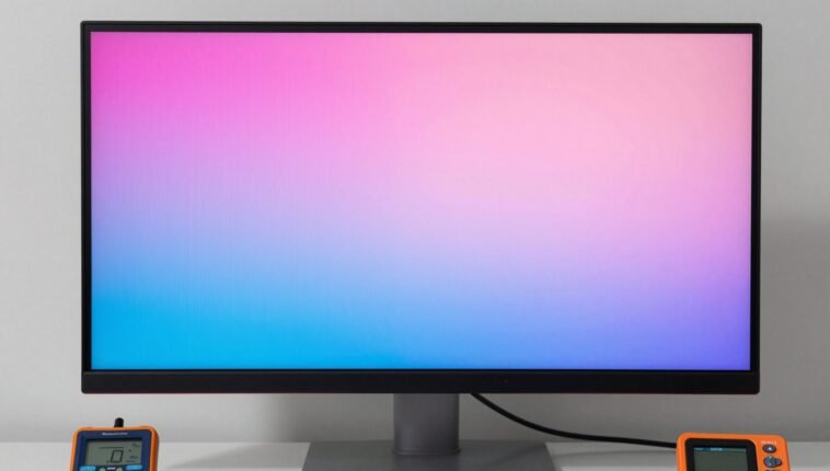 Professional monitor screen split to compare uncalibrated and calibrated display with LED screen calibration tool in foreground