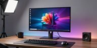 RGB Mini LED monitor displaying vivid HDR content on a professional desk setup