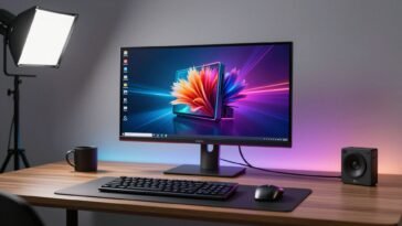 RGB Mini LED monitor displaying vivid HDR content on a professional desk setup