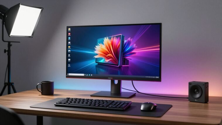RGB Mini LED monitor displaying vivid HDR content on a professional desk setup