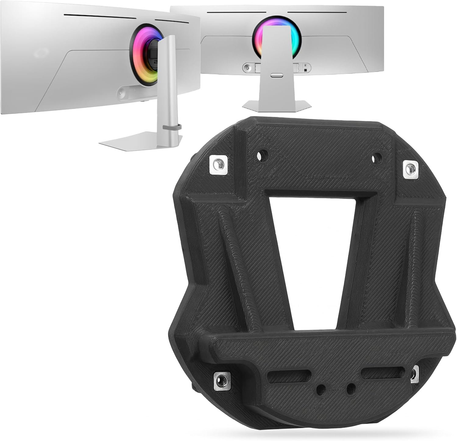 3idee vesa adapter for samsung odyssey curved gaming monitor fitted between an OLED monitor and an arm