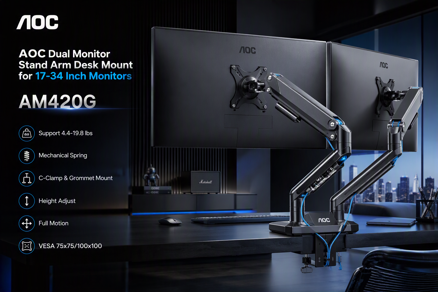 AOC monitor arm supporting a screen at a tidy London home-office desk